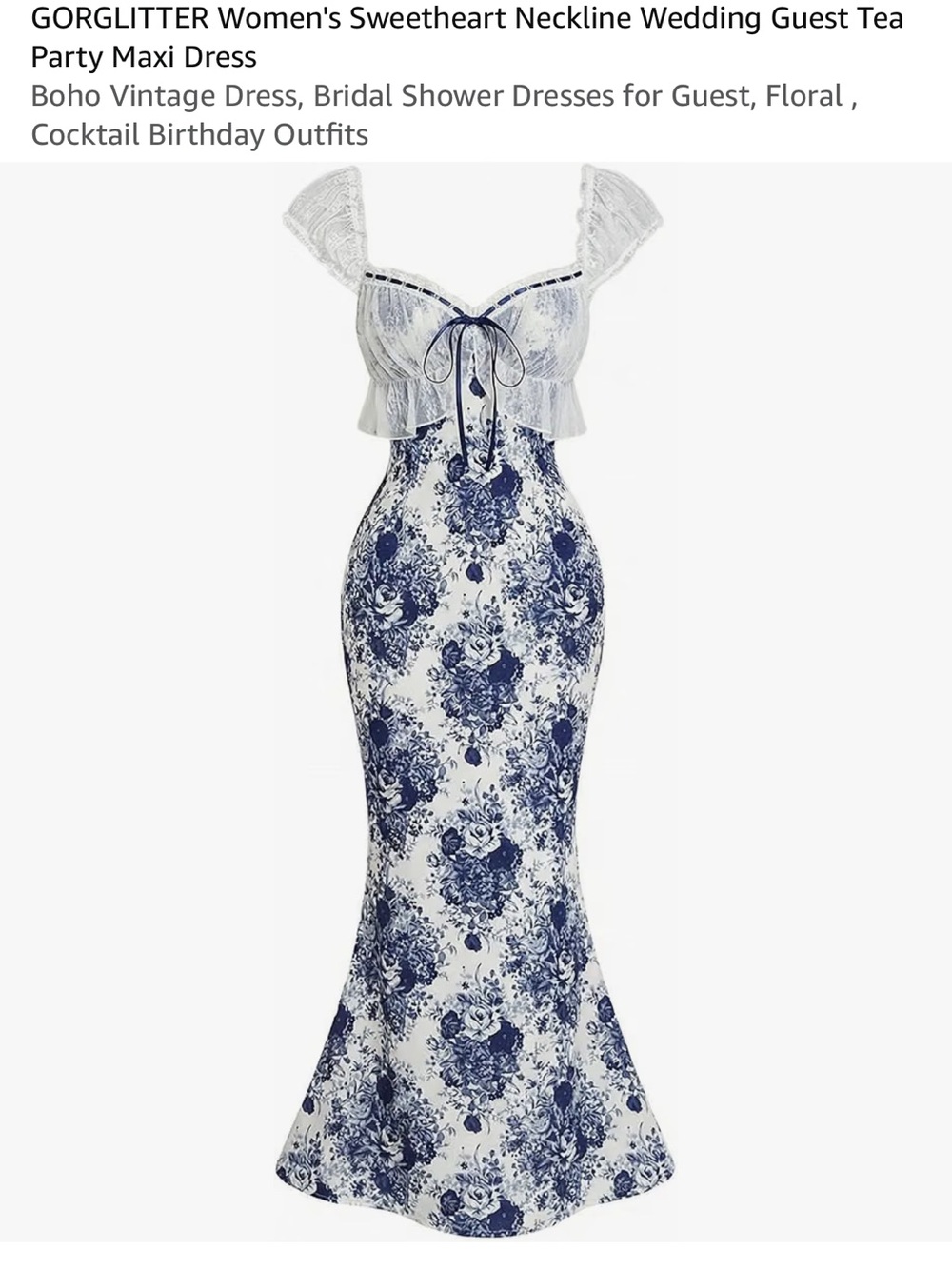Amazon Blue and White Floral Midi Dress with Lace Cap Sleeves - Picture 6 of 8